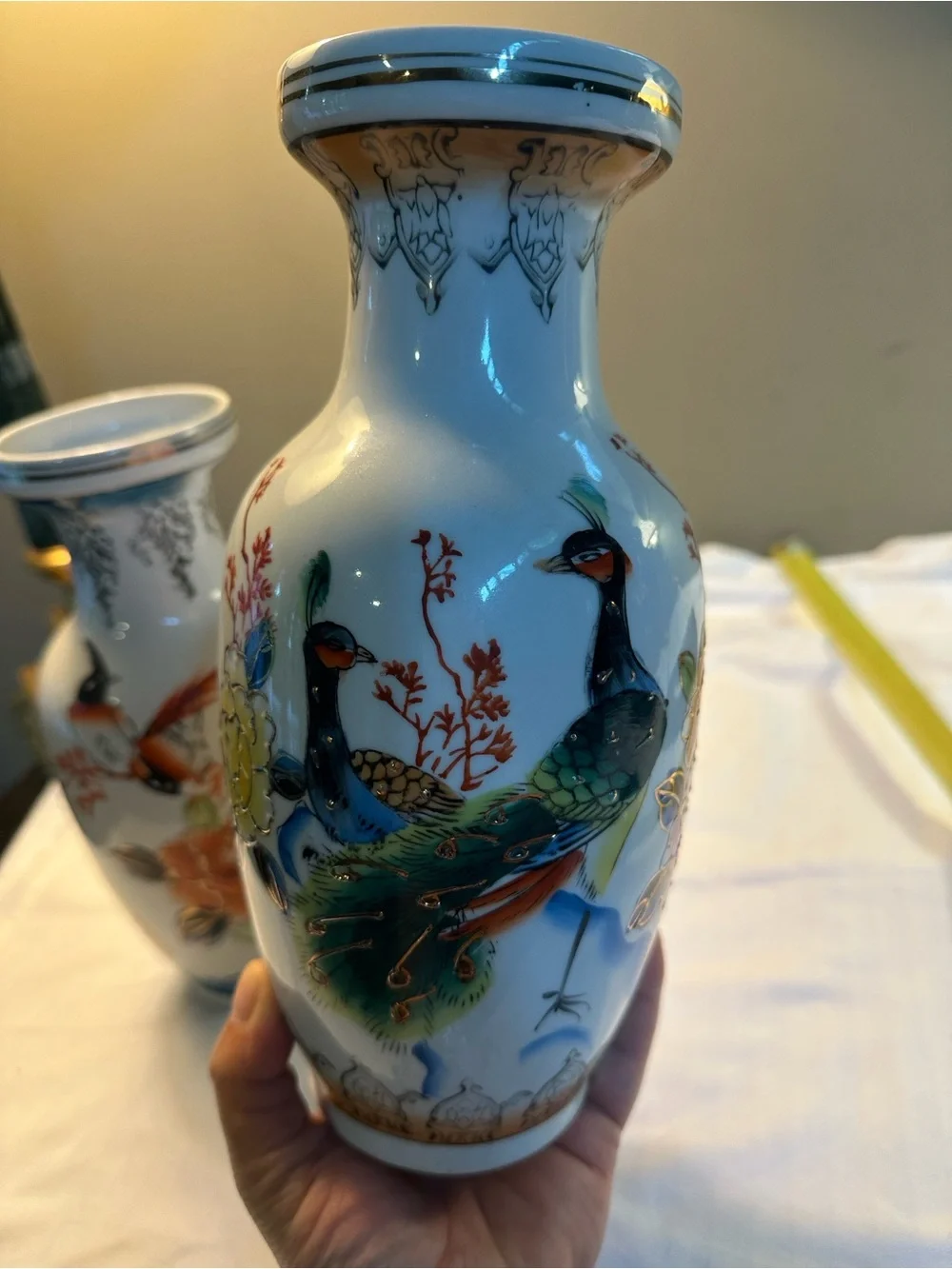 Decorative Chin Porcelain Floral & Bird Vases in White and Multicolor - Set of 2